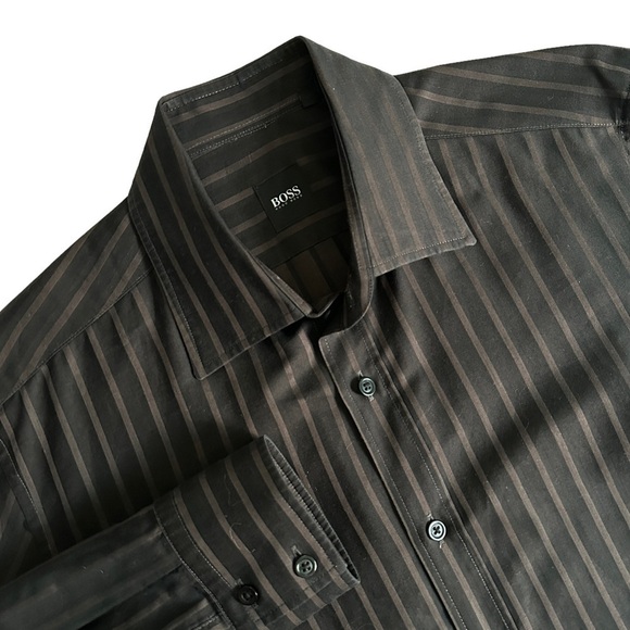 Hugo Boss Vertical Stripe Dress Shirt Brown Black M - Picture 1 of 8